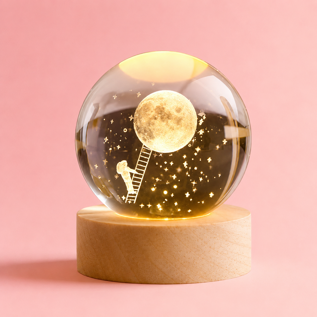 Crystal Ball Night Light 3D, LED Space Design with Wooden Base, USB Powered Table Lamp
